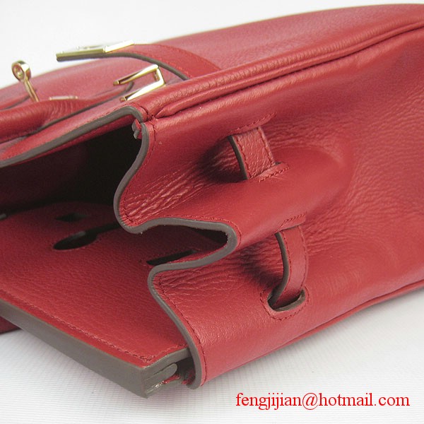 Hermes 35cm Embossed Veins Leather Bag Red 6089 Gold Hardware